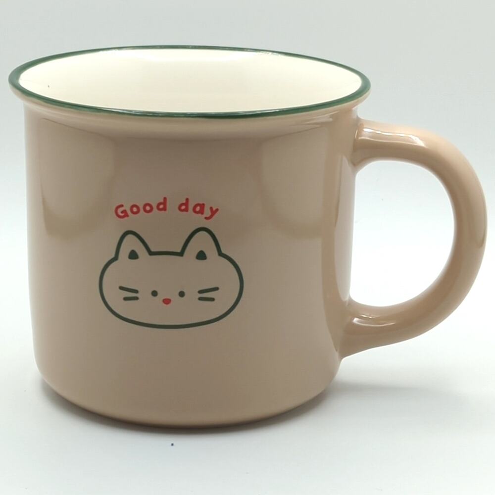 Cute Cat Face Ceramic Mug | 12 oz | Pink Green Rim | Good Day Coffee Cup